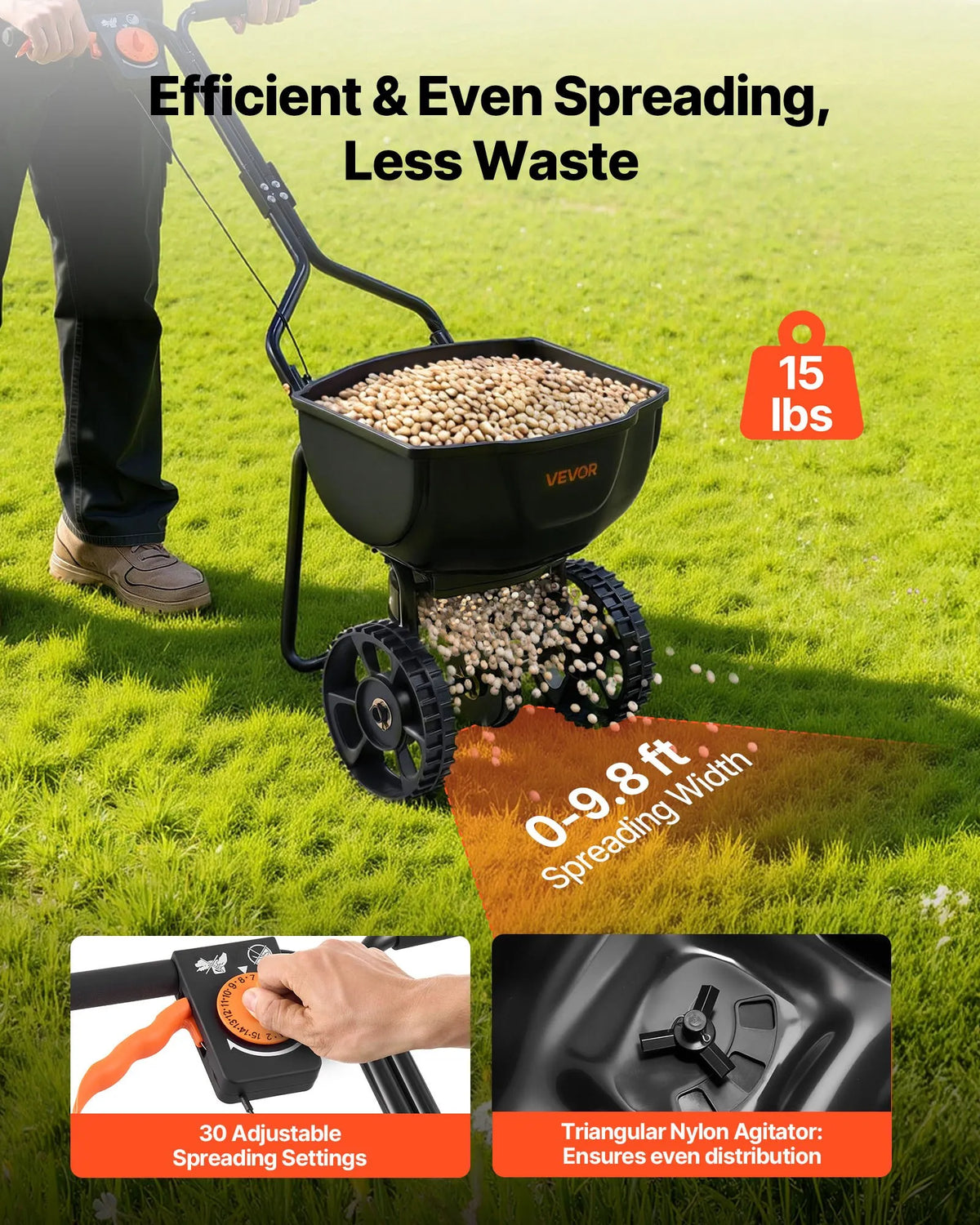 VEVOR Push Lawn Seeder, 3 m Spreading Width, Seeder with 59 kg Hopper Capacity and 25 cm All-Terrain Tyres, Push Garden and Lawn Seeder for Seeds, Fertiliser and Weed Control