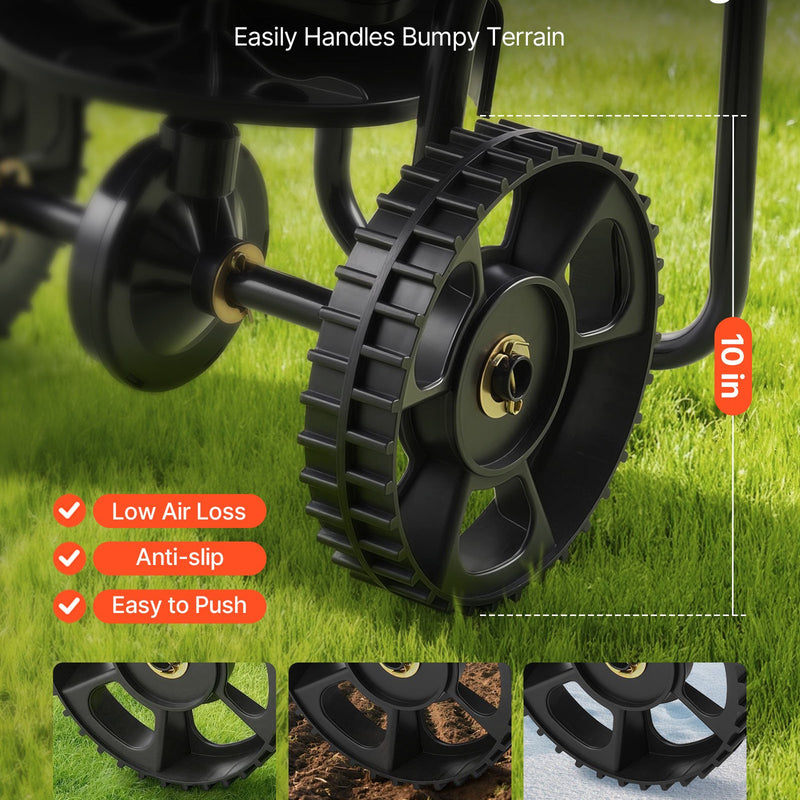 VEVOR stumjams zāliena sējējs, sadales platums 3 m, sējējs ar 59 kg kravas ietilpību un 25 cm visurgājēja riepām, stumjams dārza un zāliena sējējs sēklām, mēslojumam un nezāļu kontrolei