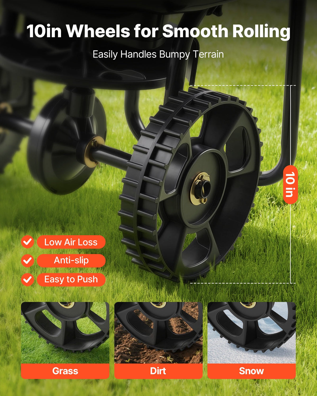 VEVOR Push Lawn Seeder, 3 m Spreading Width, Seeder with 59 kg Hopper Capacity and 25 cm All-Terrain Tyres, Push Garden and Lawn Seeder for Seeds, Fertiliser and Weed Control