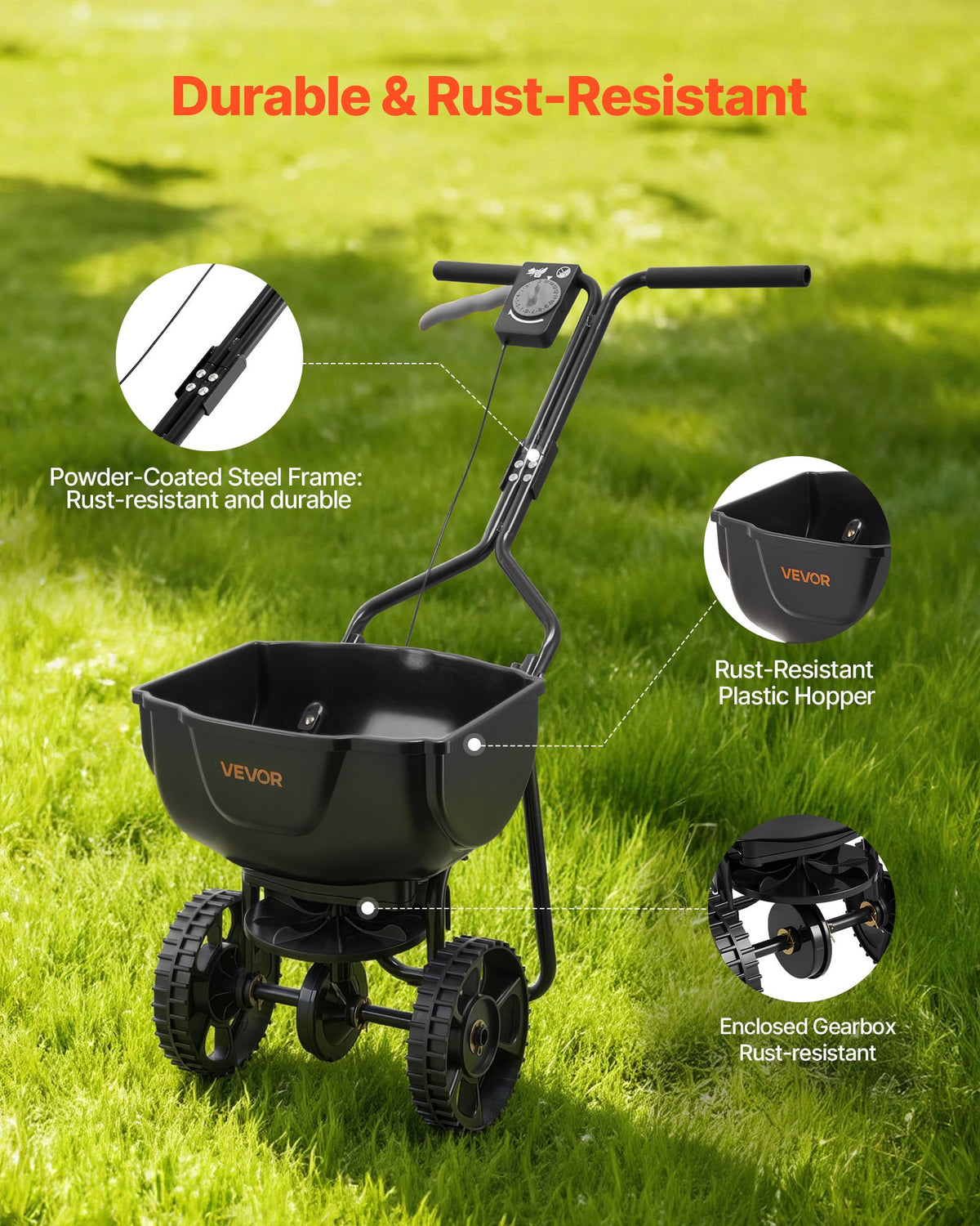 VEVOR Push Lawn Seeder, 3 m Spreading Width, Seeder with 59 kg Hopper Capacity and 25 cm All-Terrain Tyres, Push Garden and Lawn Seeder for Seeds, Fertiliser and Weed Control