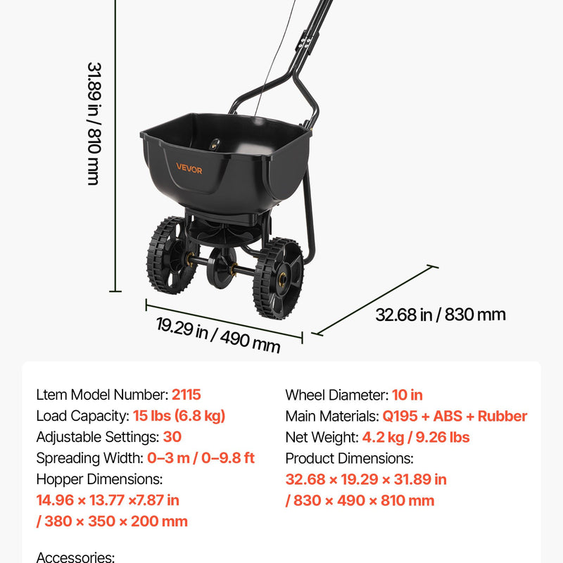 VEVOR stumjams zāliena sējējs, sadales platums 3 m, sējējs ar 59 kg kravas ietilpību un 25 cm visurgājēja riepām, stumjams dārza un zāliena sējējs sēklām, mēslojumam un nezāļu kontrolei