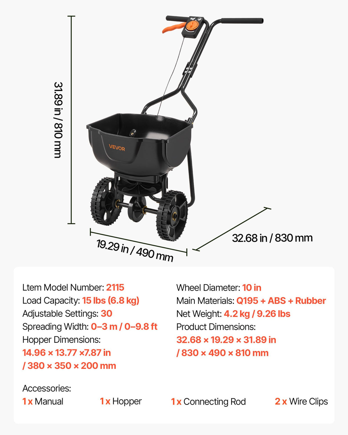 VEVOR Push Lawn Seeder, 3 m Spreading Width, Seeder with 59 kg Hopper Capacity and 25 cm All-Terrain Tyres, Push Garden and Lawn Seeder for Seeds, Fertiliser and Weed Control