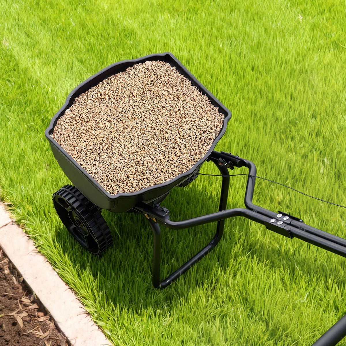 VEVOR Push Lawn Seeder, 3 m Spreading Width, Seeder with 59 kg Hopper Capacity and 25 cm All-Terrain Tyres, Push Garden and Lawn Seeder for Seeds, Fertiliser and Weed Control