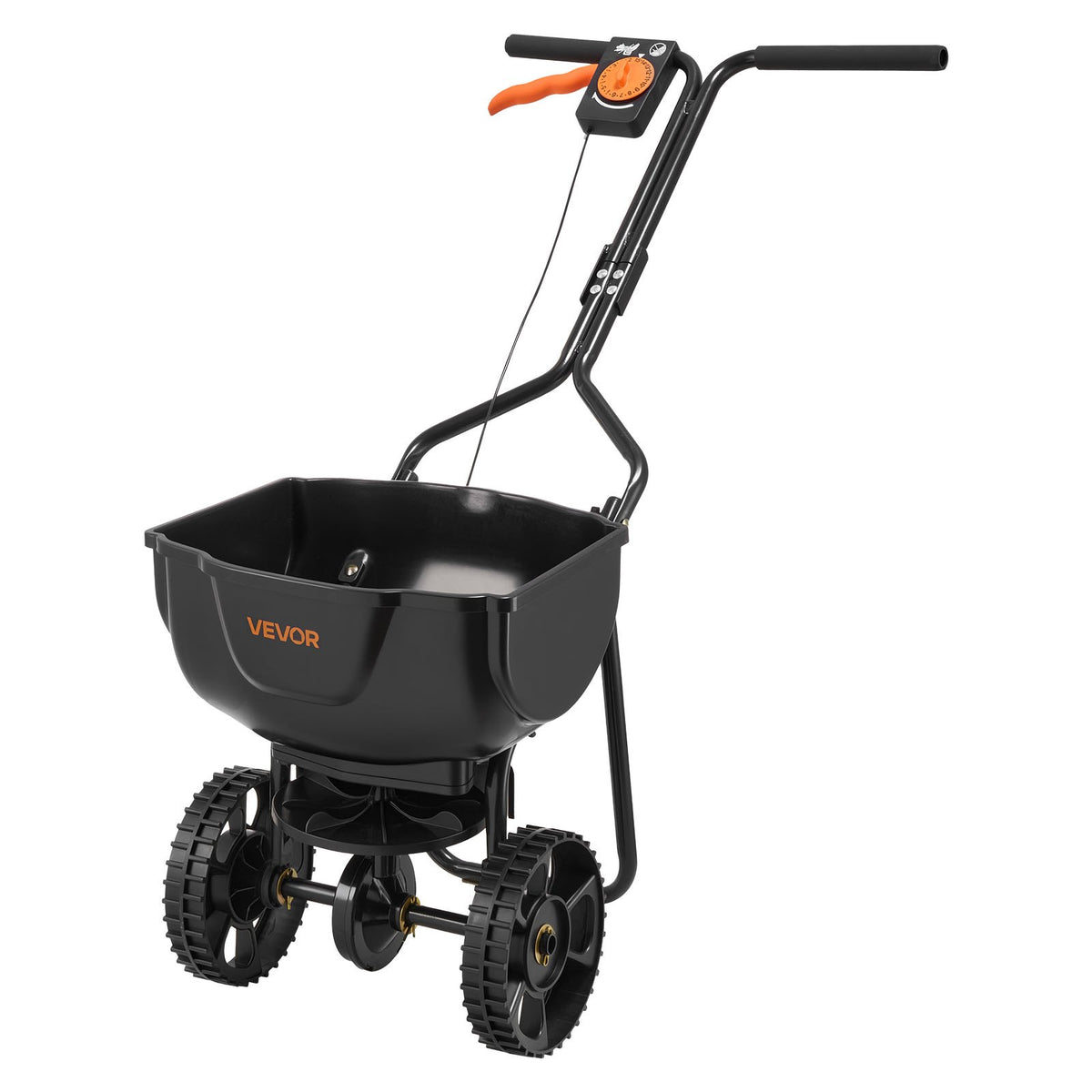 VEVOR Push Lawn Seeder, 3 m Spreading Width, Seeder with 59 kg Hopper Capacity and 25 cm All-Terrain Tyres, Push Garden and Lawn Seeder for Seeds, Fertiliser and Weed Control