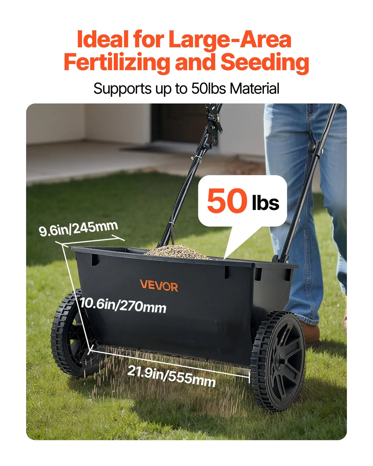 VEVOR stumjamais mēslojuma un sēklu izkliedētājs, 22,7 kg ietilpība, pilienveida izkliede ar tvertnes režģi, 45,7 cm izkliedes platums un 30 regulēšanas pozīcijas, 25,4 cm visurgājēja riepas, dārzam un zālienam sēklām un mēslojumam - ZEMLETES.LV