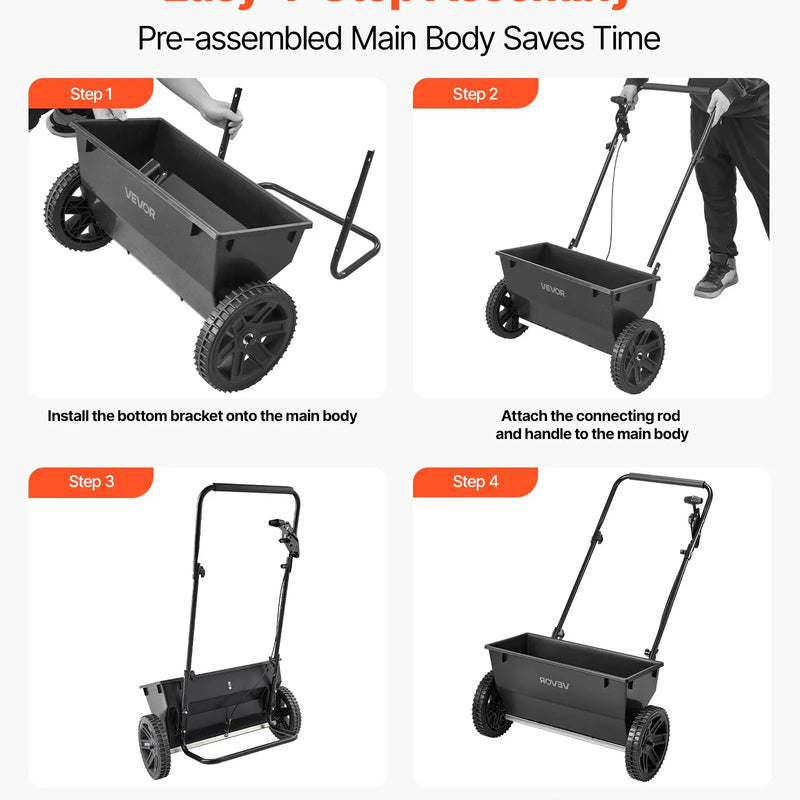 VEVOR stumjamais mēslojuma un sēklu izkliedētājs, 22,7 kg ietilpība, pilienveida izkliede ar tvertnes režģi, 45,7 cm izkliedes platums un 30 regulēšanas pozīcijas, 25,4 cm visurgājēja riepas, dārzam un zālienam sēklām un mēslojumam