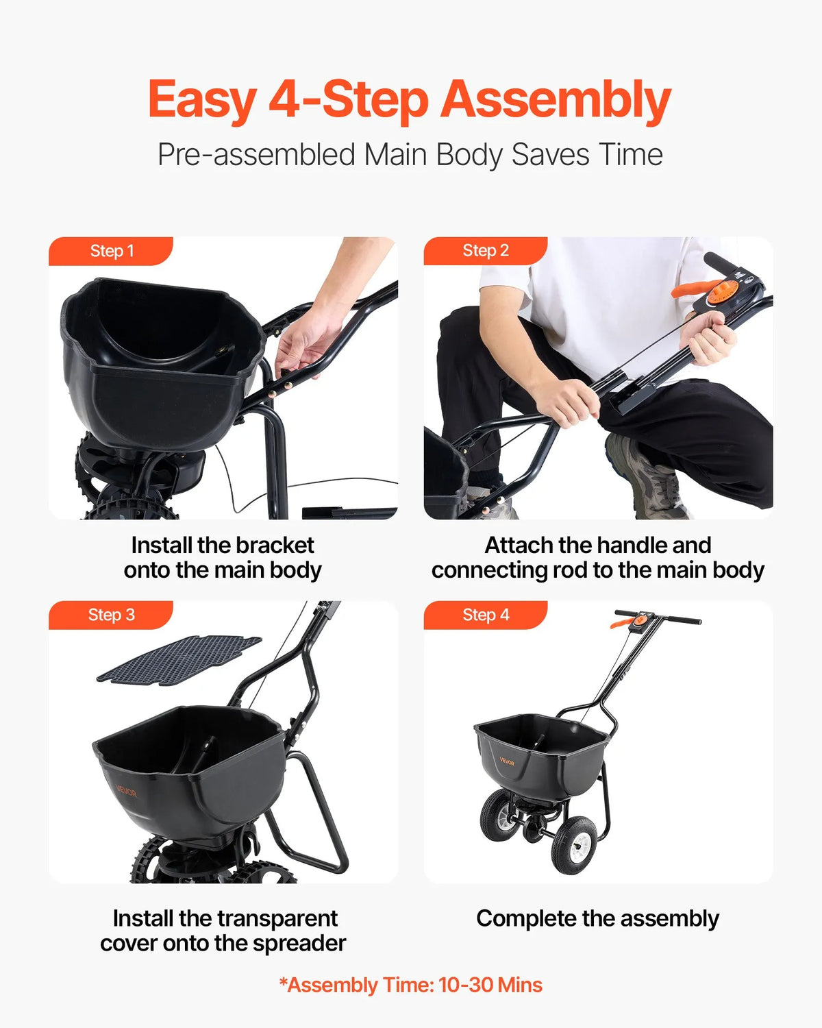 VEVOR Push Spreader, 27 kg Capacity, Push-Type Spreader with Hopper Screen, 0–3 m Spread Width, 20 cm All-Terrain Pneumatic Tyres, Garden and Lawn Spreader for Seeds and Fertiliser