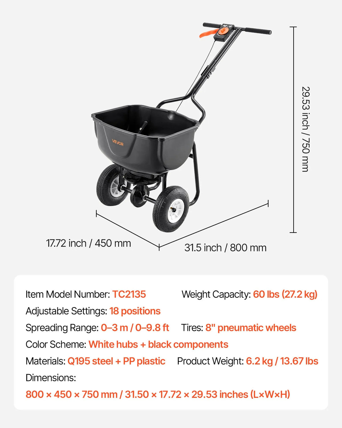 VEVOR Push Spreader, 27 kg Capacity, Push-Type Spreader with Hopper Screen, 0–3 m Spread Width, 20 cm All-Terrain Pneumatic Tyres, Garden and Lawn Spreader for Seeds and Fertiliser