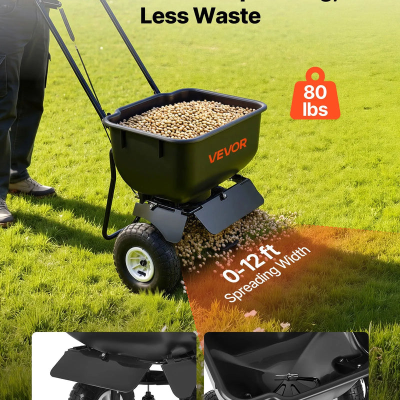 VEVOR stumjams zāliena kaisītājs ar 3,6 m kaisīšanas platumu, 36,3 kg ietilpība, izkliedes kaisītājs ar 254 mm visurgājēju riteņiem, piemērots sēklām, mēslojumam un sālim ledus kausēšanai - ZEMLETES.LV