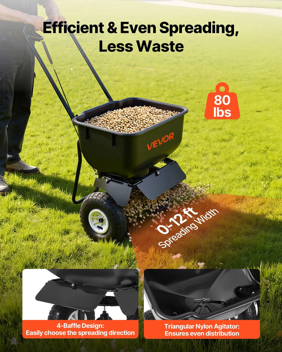 VEVOR stumjams zāliena kaisītājs ar 3,6 m kaisīšanas platumu, 36,3 kg ietilpība, izkliedes kaisītājs ar 254 mm visurgājēju riteņiem, piemērots sēklām, mēslojumam un sālim ledus kausēšanai - ZEMLETES.LV