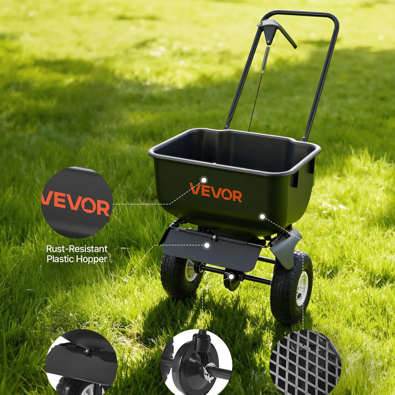 VEVOR stumjams zāliena kaisītājs ar 3,6 m kaisīšanas platumu, 36,3 kg ietilpība, izkliedes kaisītājs ar 254 mm visurgājēju riteņiem, piemērots sēklām, mēslojumam un sālim ledus kausēšanai - ZEMLETES.LV