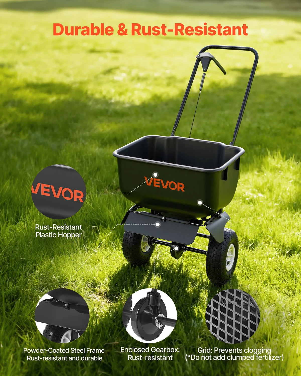 VEVOR stumjams zāliena kaisītājs ar 3,6 m kaisīšanas platumu, 36,3 kg ietilpība, izkliedes kaisītājs ar 254 mm visurgājēju riteņiem, piemērots sēklām, mēslojumam un sālim ledus kausēšanai - ZEMLETES.LV