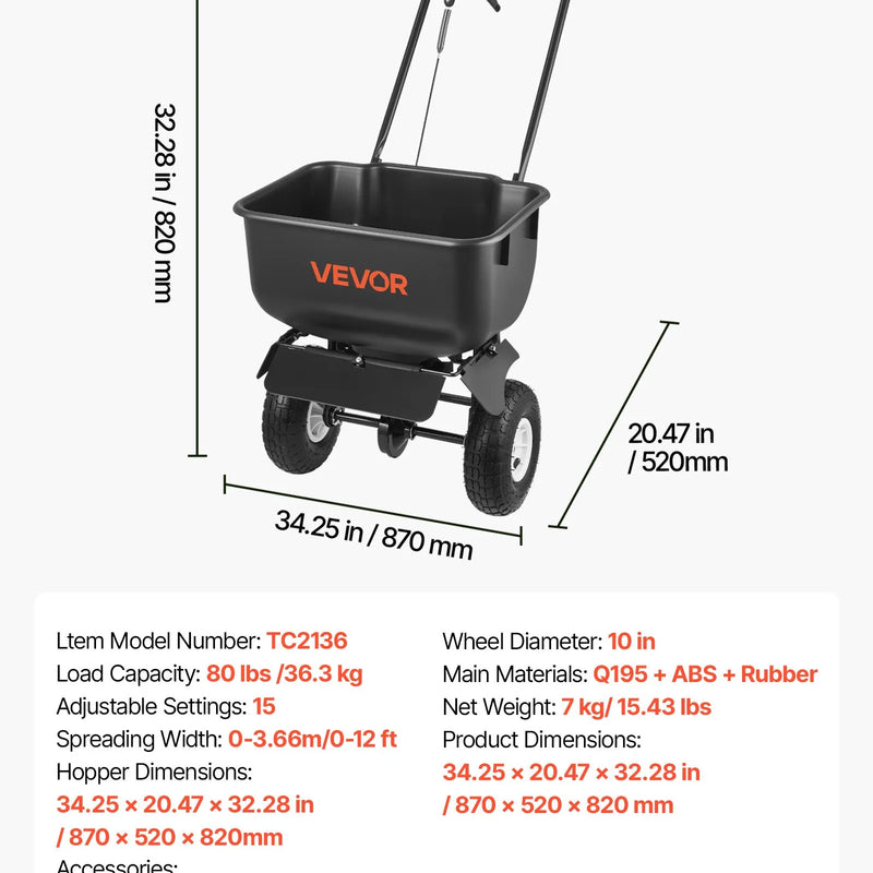 VEVOR stumjams zāliena kaisītājs ar 3,6 m kaisīšanas platumu, 36,3 kg ietilpība, izkliedes kaisītājs ar 254 mm visurgājēju riteņiem, piemērots sēklām, mēslojumam un sālim ledus kausēšanai - ZEMLETES.LV