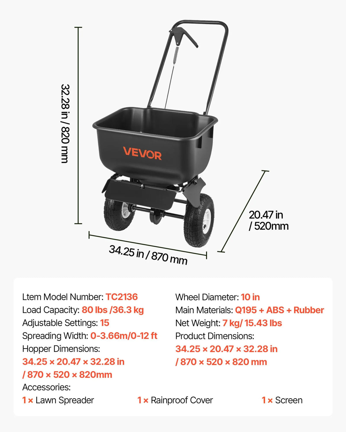 VEVOR stumjams zāliena kaisītājs ar 3,6 m kaisīšanas platumu, 36,3 kg ietilpība, izkliedes kaisītājs ar 254 mm visurgājēju riteņiem, piemērots sēklām, mēslojumam un sālim ledus kausēšanai - ZEMLETES.LV