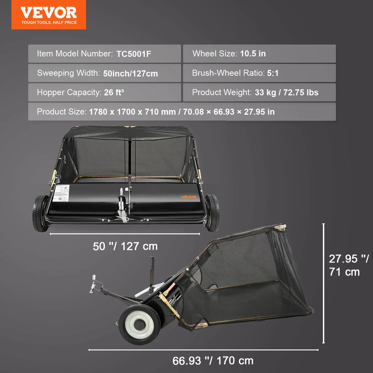 VEVOR Towed Lawn Sweeper, 127 cm Working Width, 26 cu. ft Large Capacity for Leaves and Grass Collection, Reinforced Garden Sweeper with Adjustable Sweeping Height, for Yard, Lawn and Farm