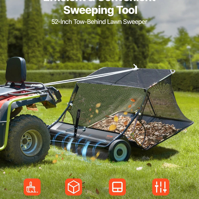 VEVOR piekabes tipa zāliena slaucītājs, 26,7 cm darba platums, 736 l liela savākšanas tvertne, regulējams slaucīšanas augstums, pastiprinātas konstrukcijas lapu un zāles savācējs ar iztukšošanas trosi, velkams zāles un gružu savācējs