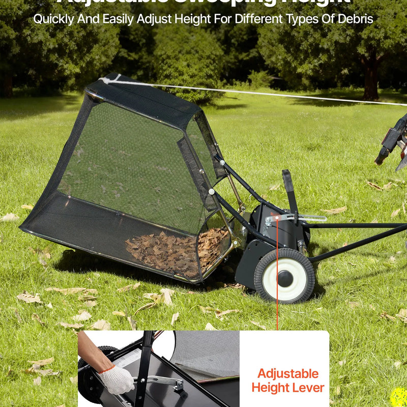 VEVOR piekabes tipa zāliena slaucītājs, 26,7 cm darba platums, 736 l liela savākšanas tvertne, regulējams slaucīšanas augstums, pastiprinātas konstrukcijas lapu un zāles savācējs ar iztukšošanas trosi, velkams zāles un gružu savācējs