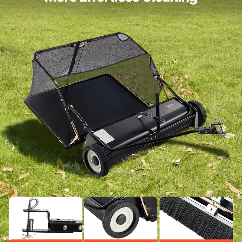 VEVOR piekabes tipa zāliena slaucītājs, 26,7 cm darba platums, 736 l liela savākšanas tvertne, regulējams slaucīšanas augstums, pastiprinātas konstrukcijas lapu un zāles savācējs ar iztukšošanas trosi, velkams zāles un gružu savācējs