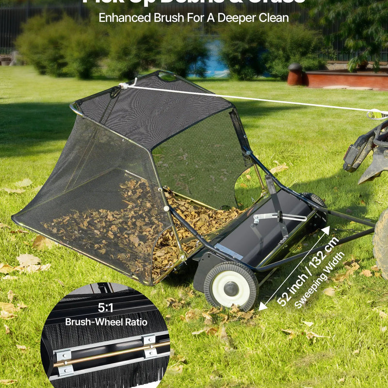 VEVOR piekabes tipa zāliena slaucītājs, 26,7 cm darba platums, 736 l liela savākšanas tvertne, regulējams slaucīšanas augstums, pastiprinātas konstrukcijas lapu un zāles savācējs ar iztukšošanas trosi, velkams zāles un gružu savācējs