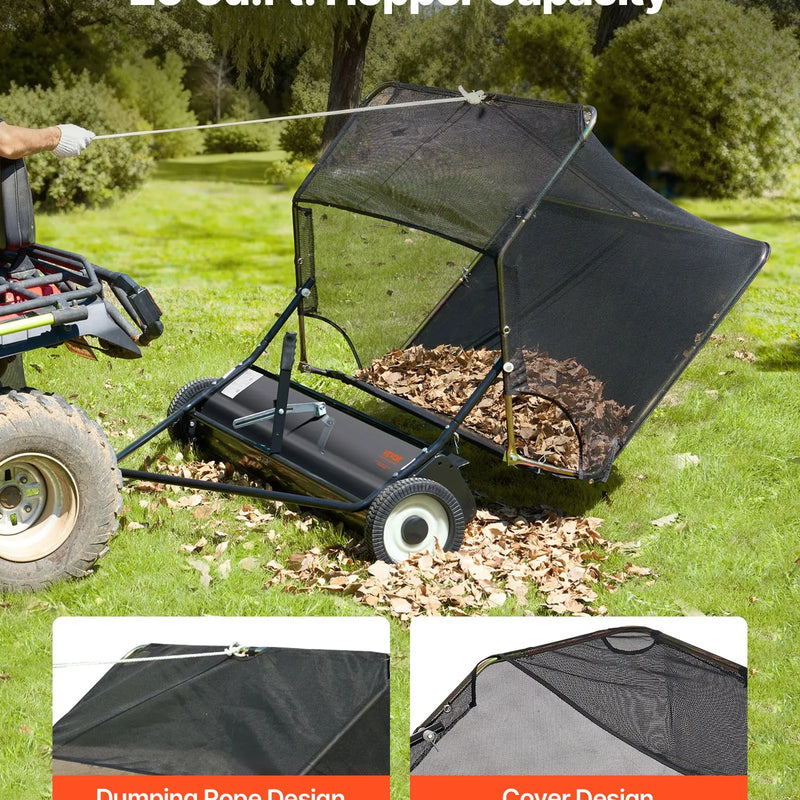 VEVOR piekabes tipa zāliena slaucītājs, 26,7 cm darba platums, 736 l liela savākšanas tvertne, regulējams slaucīšanas augstums, pastiprinātas konstrukcijas lapu un zāles savācējs ar iztukšošanas trosi, velkams zāles un gružu savācējs