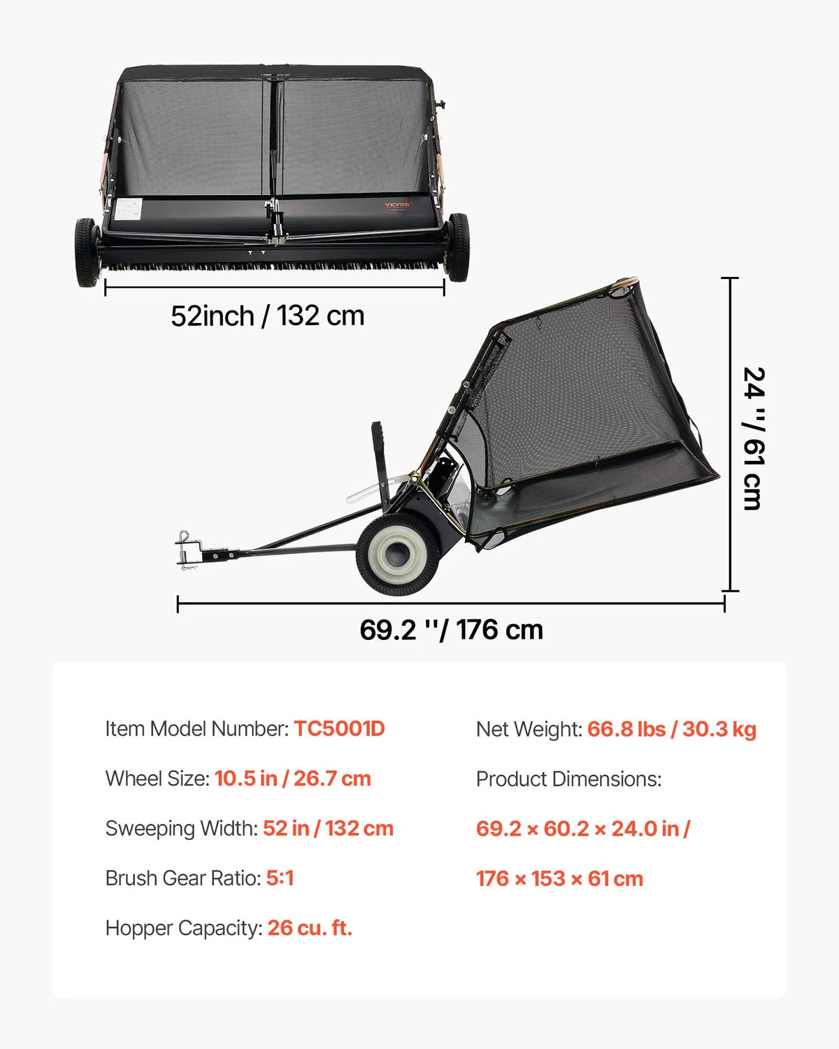 VEVOR piekabes tipa zāliena slaucītājs, 26,7 cm darba platums, 736 l liela savākšanas tvertne, regulējams slaucīšanas augstums, pastiprinātas konstrukcijas lapu un zāles savācējs ar iztukšošanas trosi, velkams zāles un gružu savācējs