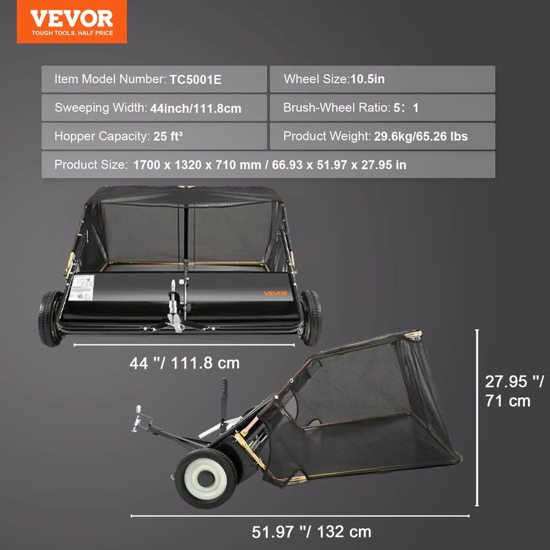 VEVOR piekabināms zāliena slaucītājs, 111,7 cm darba platums, 708 l liels lapu un zāles savācējs, pastiprinātas konstrukcijas dārza slaucītājs ar regulējamu slaucīšanas augstumu pagalmam, zālienam un saimniecībai
