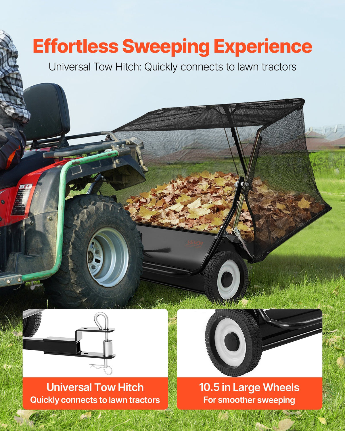 VEVOR Tow-Behind Lawn Sweeper, 122 cm Working Width, 26 cu. ft Collection Bag, Leaf and Grass Collector with Dump Cord, Adjustable Sweeping Height, for Garden and Farm