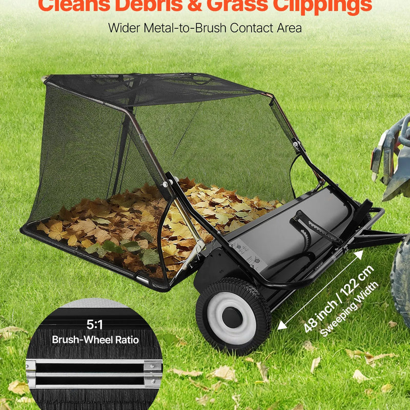 VEVOR piekabes tipa zāliena slaucītājs, 122 cm darba platums, 26 cu. ft savākšanas maiss, lapu un zāles savācējs ar iztukšošanas trosi, regulējams slaucīšanas augstums, dārzam un saimniecībai