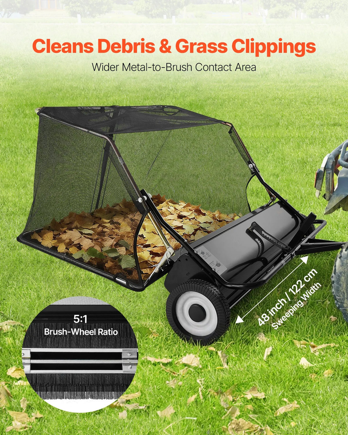 VEVOR Tow-Behind Lawn Sweeper, 122 cm Working Width, 26 cu. ft Collection Bag, Leaf and Grass Collector with Dump Cord, Adjustable Sweeping Height, for Garden and Farm