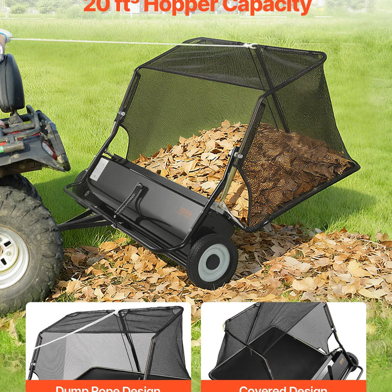 VEVOR piekabes tipa zāliena slaucītājs, 122 cm darba platums, 26 cu. ft savākšanas maiss, lapu un zāles savācējs ar iztukšošanas trosi, regulējams slaucīšanas augstums, dārzam un saimniecībai