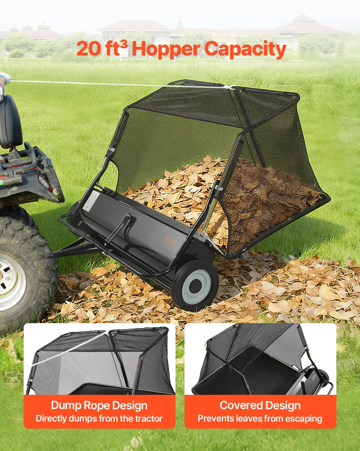 VEVOR Tow-Behind Lawn Sweeper, 122 cm Working Width, 26 cu. ft Collection Bag, Leaf and Grass Collector with Dump Cord, Adjustable Sweeping Height, for Garden and Farm