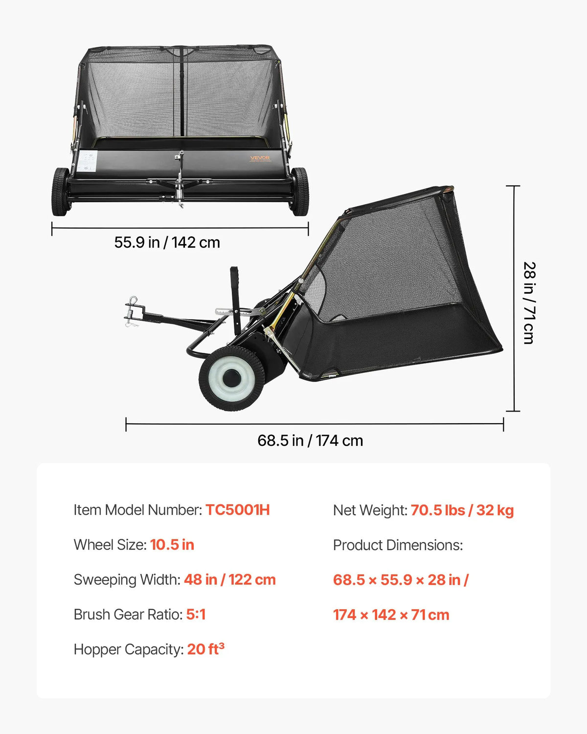 VEVOR Tow-Behind Lawn Sweeper, 122 cm Working Width, 26 cu. ft Collection Bag, Leaf and Grass Collector with Dump Cord, Adjustable Sweeping Height, for Garden and Farm