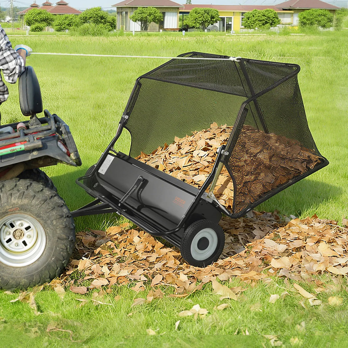 VEVOR Tow-Behind Lawn Sweeper, 122 cm Working Width, 26 cu. ft Collection Bag, Leaf and Grass Collector with Dump Cord, Adjustable Sweeping Height, for Garden and Farm