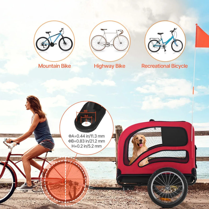 VEVOR suņu velopiekabe ar līdz 45 kg kravnesību, salokāms rāmis ar ātrās atvienošanas riteņiem, universāls velosavienotājs, atstarotājs, karogs un iekšējā pavada