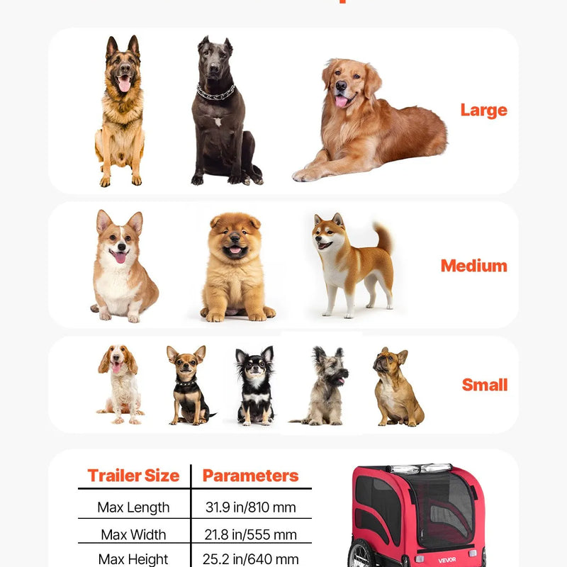 VEVOR suņu velopiekabe ar līdz 45 kg kravnesību, salokāms rāmis ar ātrās atvienošanas riteņiem, universāls velosavienotājs, atstarotājs, karogs un iekšējā pavada