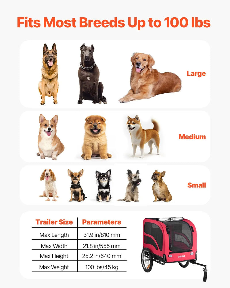 VEVOR suņu velopiekabe ar līdz 45 kg kravnesību, salokāms rāmis ar ātrās atvienošanas riteņiem, universāls velosavienotājs, atstarotājs, karogs un iekšējā pavada