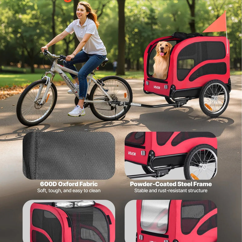 VEVOR suņu velopiekabe ar līdz 45 kg kravnesību, salokāms rāmis ar ātrās atvienošanas riteņiem, universāls velosavienotājs, atstarotājs, karogs un iekšējā pavada