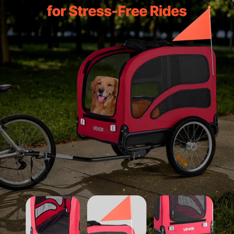 VEVOR suņu velopiekabe ar līdz 45 kg kravnesību, salokāms rāmis ar ātrās atvienošanas riteņiem, universāls velosavienotājs, atstarotājs, karogs un iekšējā pavada