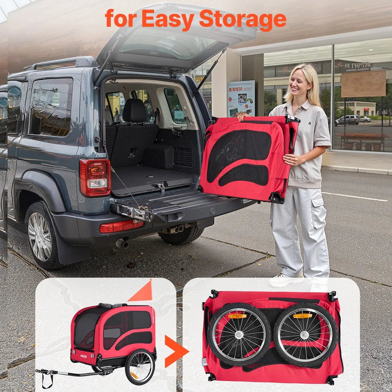 VEVOR suņu velopiekabe ar līdz 45 kg kravnesību, salokāms rāmis ar ātrās atvienošanas riteņiem, universāls velosavienotājs, atstarotājs, karogs un iekšējā pavada