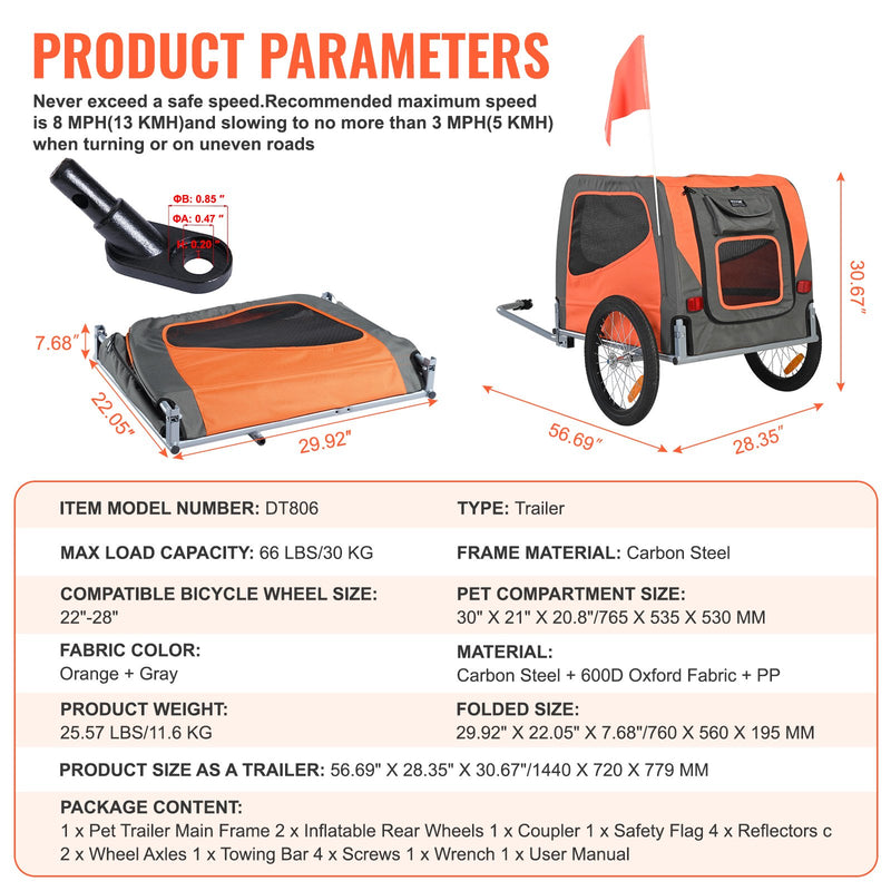 VEVOR Suņu velosipēda piekabe, līdz 30 kg, salokāma ar ātru atbrīvošanu un universālu savienotāju