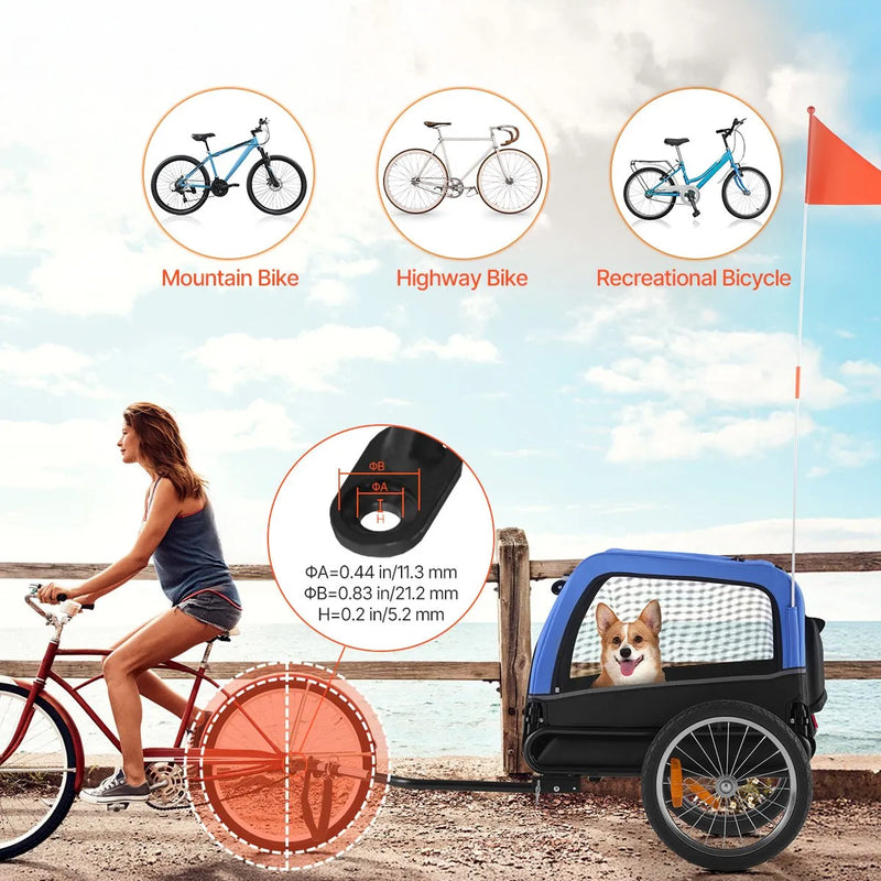 VEVOR suņu piekabe velosipēdam, līdz 30 kg, mājdzīvnieku pārvadāšanas rati maziem un vidējiem suņiem, ar viegli salokāmu rāmi, ātrās atvienošanas riteni, universālu velosipēda savienotāju, atstarotāju, karogu un iekšējo siksnu