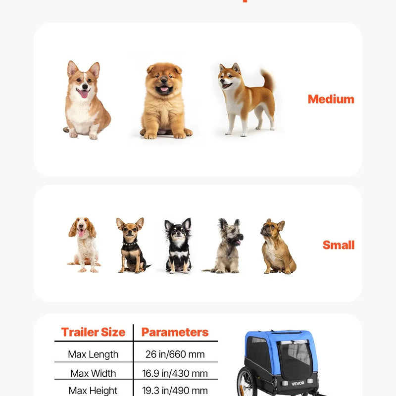 VEVOR suņu piekabe velosipēdam, līdz 30 kg, mājdzīvnieku pārvadāšanas rati maziem un vidējiem suņiem, ar viegli salokāmu rāmi, ātrās atvienošanas riteni, universālu velosipēda savienotāju, atstarotāju, karogu un iekšējo siksnu