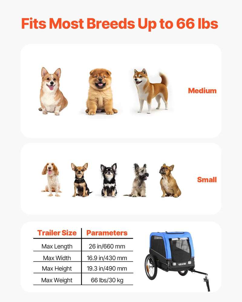 VEVOR suņu piekabe velosipēdam, līdz 30 kg, mājdzīvnieku pārvadāšanas rati maziem un vidējiem suņiem, ar viegli salokāmu rāmi, ātrās atvienošanas riteni, universālu velosipēda savienotāju, atstarotāju, karogu un iekšējo siksnu