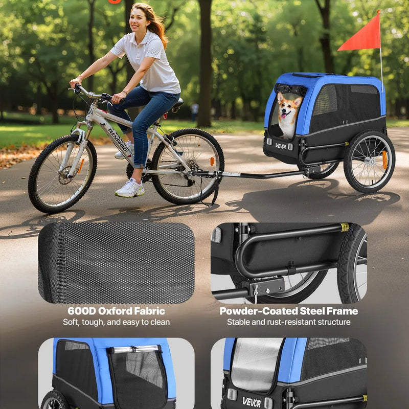 VEVOR suņu piekabe velosipēdam, līdz 30 kg, mājdzīvnieku pārvadāšanas rati maziem un vidējiem suņiem, ar viegli salokāmu rāmi, ātrās atvienošanas riteni, universālu velosipēda savienotāju, atstarotāju, karogu un iekšējo siksnu
