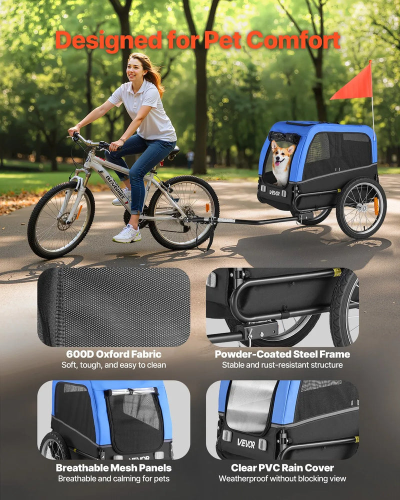 VEVOR suņu piekabe velosipēdam, līdz 30 kg, mājdzīvnieku pārvadāšanas rati maziem un vidējiem suņiem, ar viegli salokāmu rāmi, ātrās atvienošanas riteni, universālu velosipēda savienotāju, atstarotāju, karogu un iekšējo siksnu