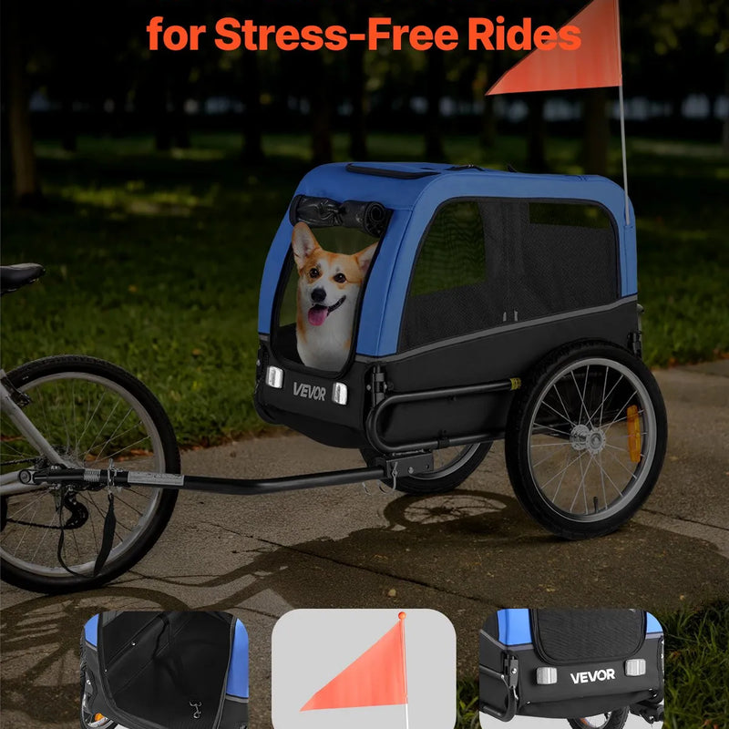 VEVOR suņu piekabe velosipēdam, līdz 30 kg, mājdzīvnieku pārvadāšanas rati maziem un vidējiem suņiem, ar viegli salokāmu rāmi, ātrās atvienošanas riteni, universālu velosipēda savienotāju, atstarotāju, karogu un iekšējo siksnu
