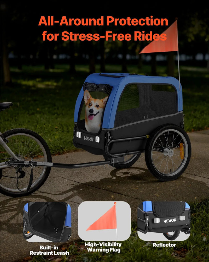 VEVOR suņu piekabe velosipēdam, līdz 30 kg, mājdzīvnieku pārvadāšanas rati maziem un vidējiem suņiem, ar viegli salokāmu rāmi, ātrās atvienošanas riteni, universālu velosipēda savienotāju, atstarotāju, karogu un iekšējo siksnu