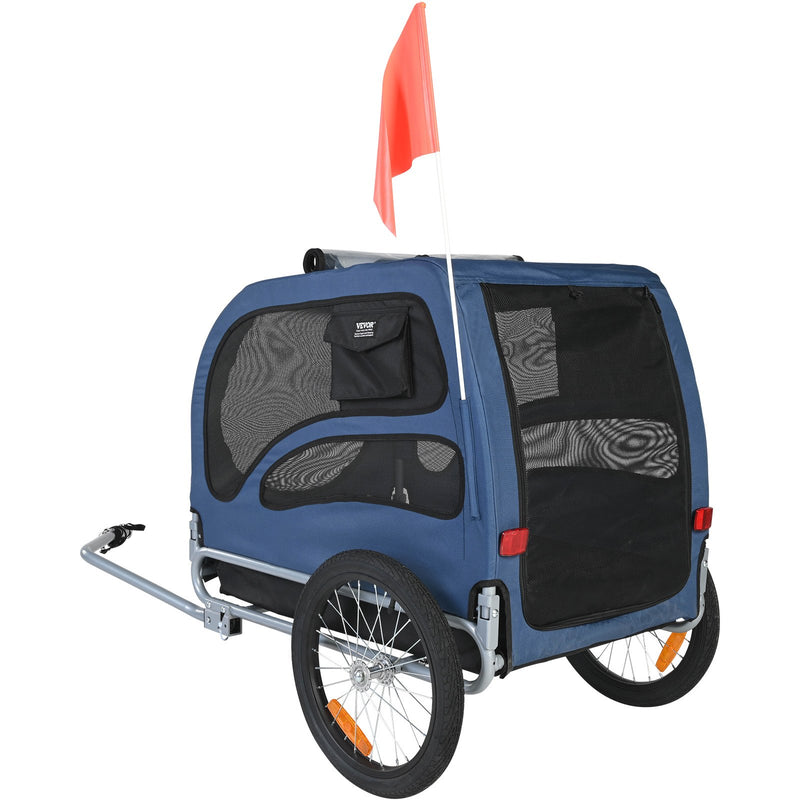 VEVOR suņu velosipēda piekabe, līdz 45 kg, salokāma, ar ātri noņemamiem riteņiem, universālu savienotāju, atstarotājiem un karodziņu, zila/melna