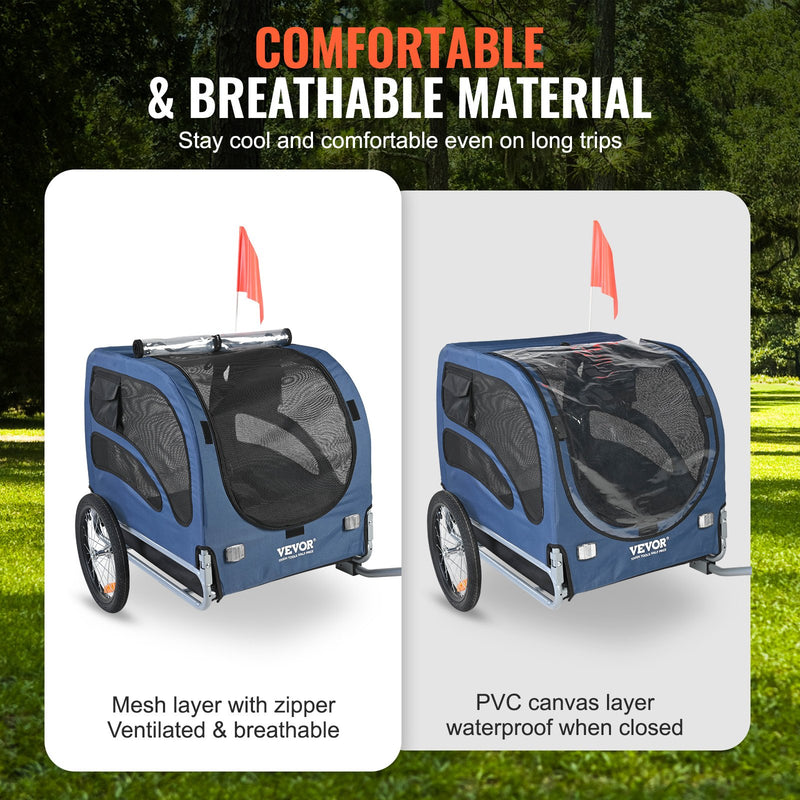 VEVOR suņu velosipēda piekabe, līdz 45 kg, salokāma, ar ātri noņemamiem riteņiem, universālu savienotāju, atstarotājiem un karodziņu, zila/melna