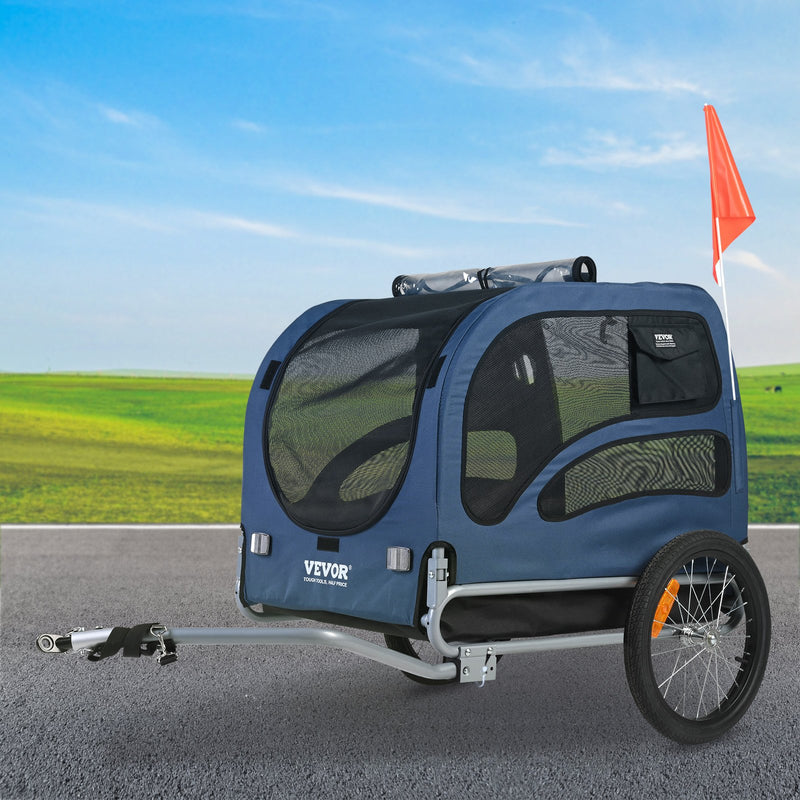 VEVOR suņu velosipēda piekabe, līdz 45 kg, salokāma, ar ātri noņemamiem riteņiem, universālu savienotāju, atstarotājiem un karodziņu, zila/melna